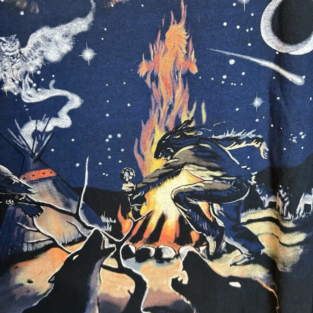 Vintage Liquid Blue Shirt Mens 2XL Indian Bear Wolf AOP Nature Tee Cut Off